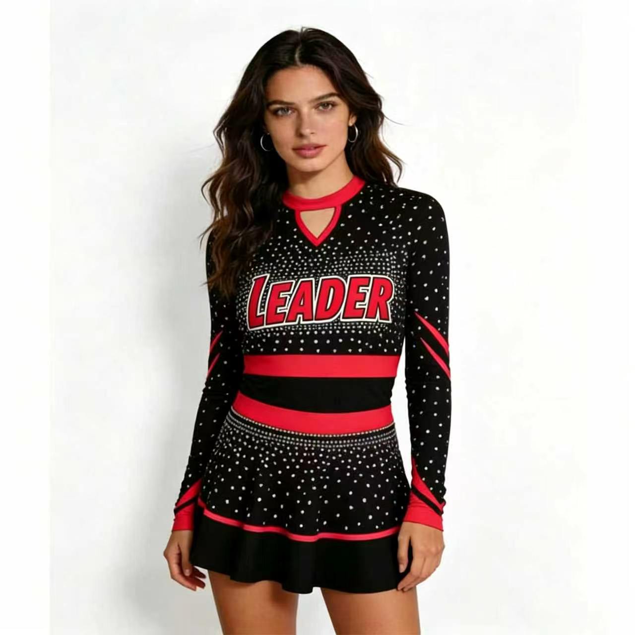 Women'S Red Formal Wear - Glitzerndes Strass-Cheerleading-Kostüm für Damen, Langarm-Cheerleader-Uniformkleid in