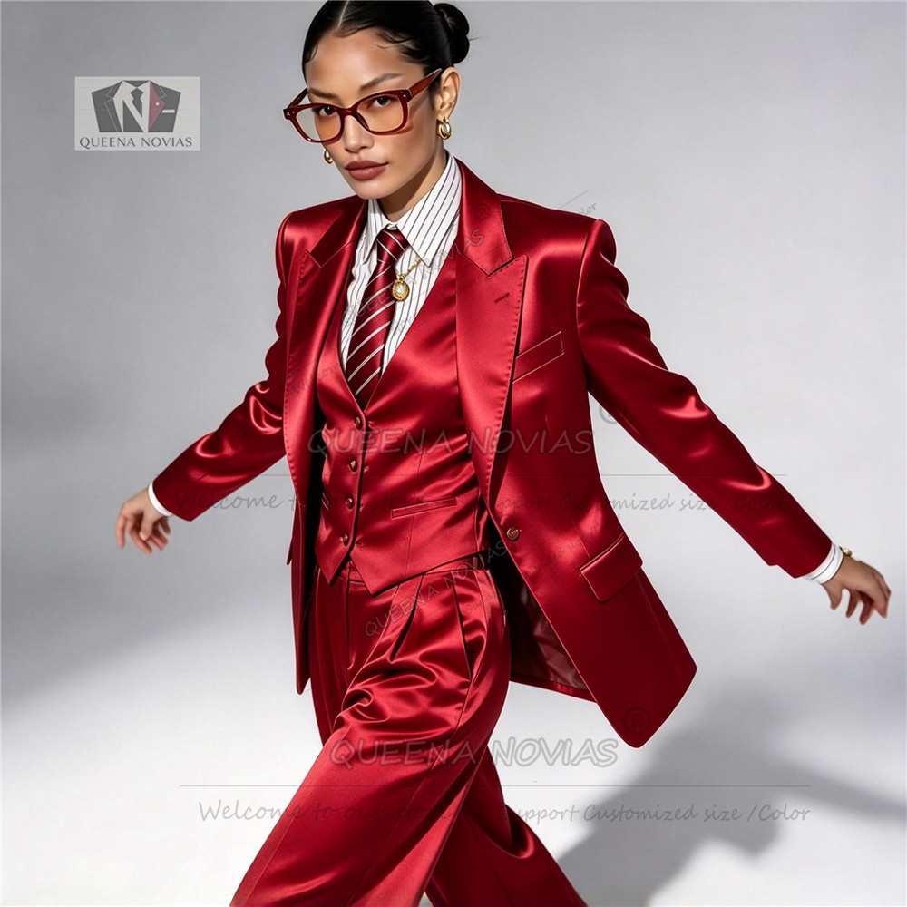 Womens Blazer - Eleganter Damenanzug aus Satin, einreihig, 3-teiliges